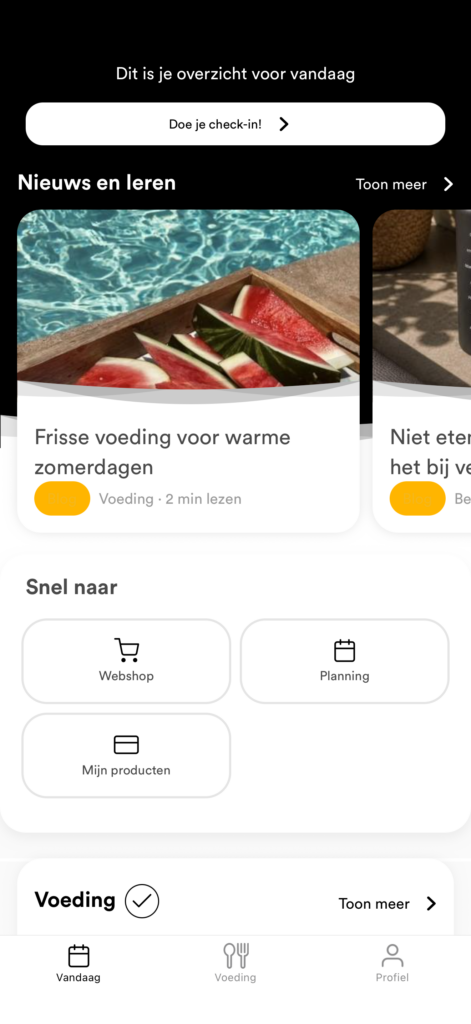 Dagoverzicht in de voedingsapp van De Fitnessbus met check-in, blogs en snelkoppelingen naar planning
